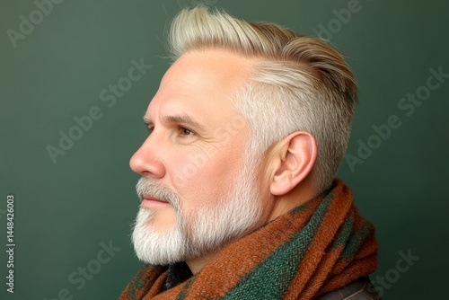 Obraz na płótnie Visual layout of style for aging men. Green solid background. A stylish and glowing male with a relaxed aura. Chic men's low fade haircut - midlife white man with blond hair. w salonie