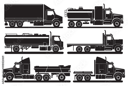 Black Trailer and Tanker Truck Side View Set