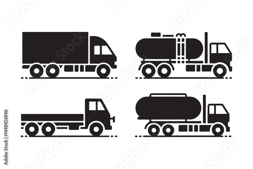 Detailed Silhouettes of Cargo, Tanker, and Trailer Trucks