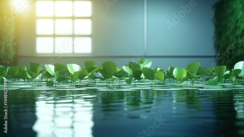 Serene Water Surface with Green Lily Pads in Bright Room