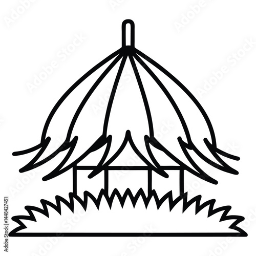 Vector outline of a traditional thatched hut or gazebo with grass and roof elements in black and white style