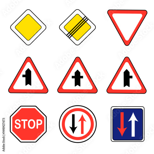 Priority signs. Priority road sign, main road, end of priority road, give way, crossroad with priority, stop, give priority to oncoming traffic, priority over oncoming traffic. 