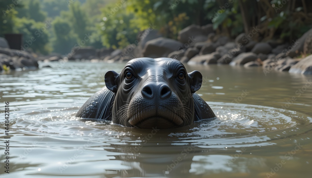 Fototapeta premium A hippopotamus emerges from a shallow river. Close-up of its dark head and upper body, resting in the water, amidst rocks and foliage