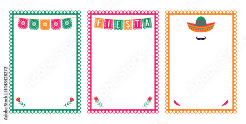Set of vector frames with festive flags, flowers, sambrero, mustache, chili pepper. Mexican fiesta - festive frame, social media story. Design element for banner, poster, text box.