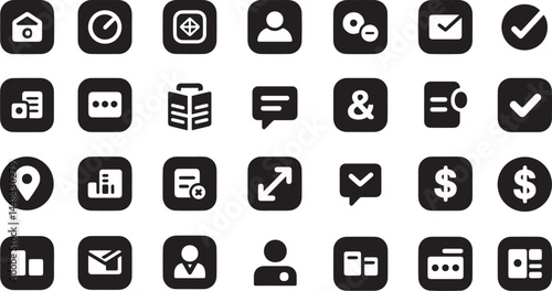 Business and finance icons are simple, clean and uniform in style, with a black design and transparent background