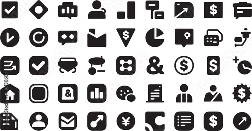 Business and finance icons are simple, clean and uniform in style, with a black design and transparent background