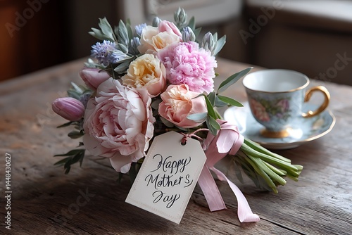 A close-up shot of a vibrant flower bouquet wrapped in a pastel ribbon, accompanied by a handwritten "Happy Mother's Day" tag, placed on a rustic wooden table next to a delicate porcelain tea cup.