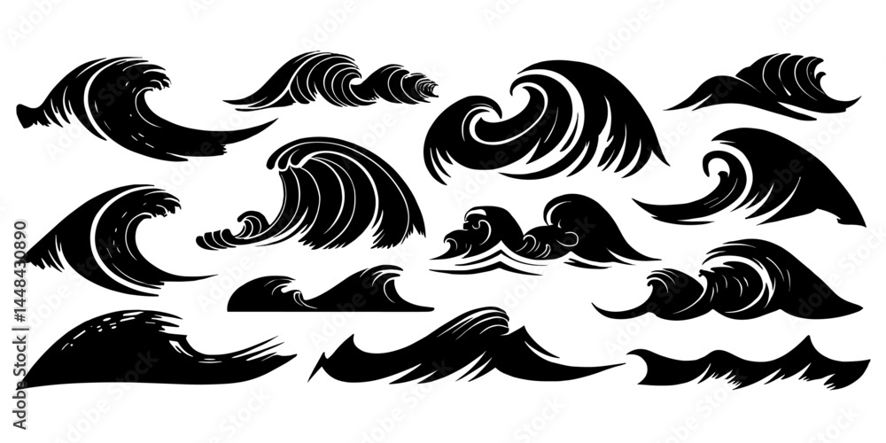 Fototapeta premium Stylized black wave illustrations, isolated element set vector illustration.