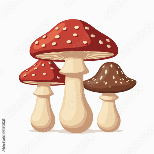 colorful mushrooms illustration with red, brown, and beige hues