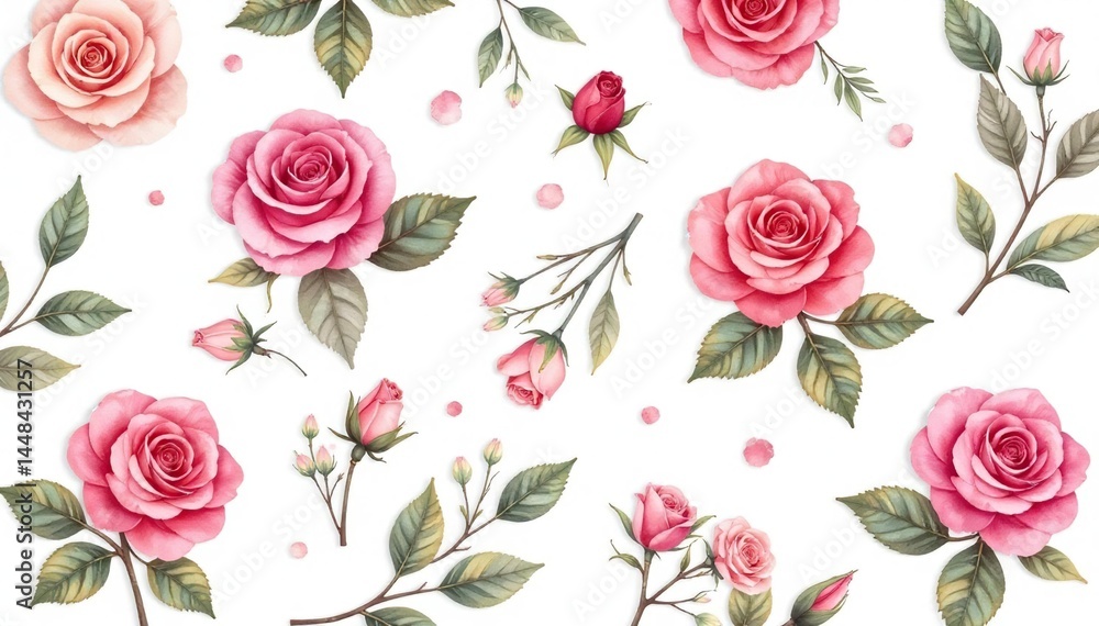 Delicate watercolor roses & leaves, repeating pattern , design, texture Delicate watercolor roses & leaves, repeating pattern , design, texture