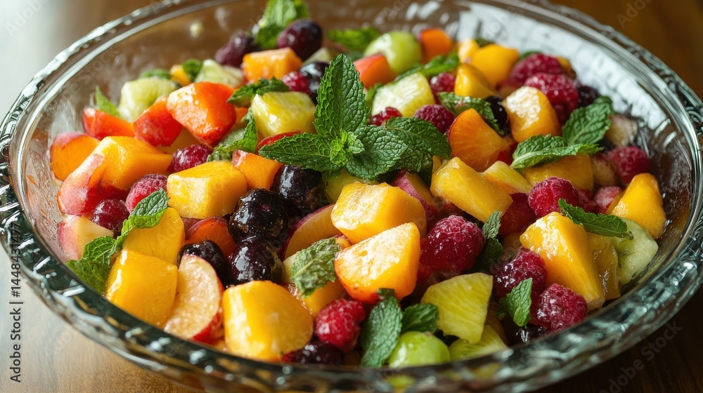 Fresh fruit salad with vibrant colors and mint garnish in bowl Fresh fruit salad with vibrant colors and mint garnish in bowl
