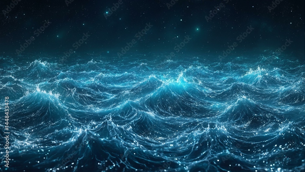Bioluminescent ocean scene with swirling blue waves, white dots, and faint green glow. Bioluminescent ocean scene with swirling blue waves, white dots, and faint green glow.