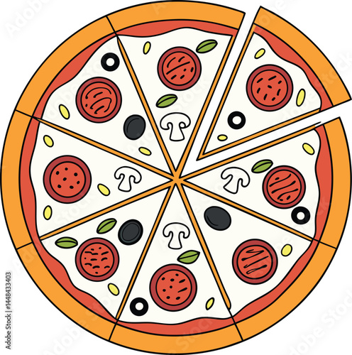 top view pizza with slice of pizza isolated on white background, pesto pizza, pepperoni pizza, vegetable, Italian pizza, isolated vector illustration