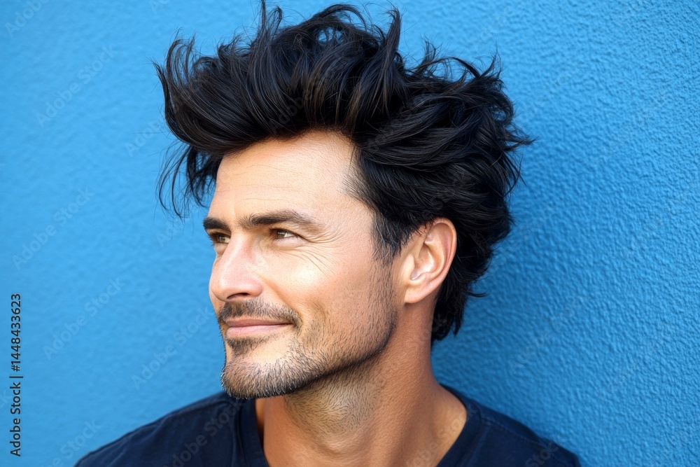 Idea of style for aging men. A studio shot capturing the essence of a modern man. Elegant men's textured crop haircut - midlife white man with black hair. Blue solid background.