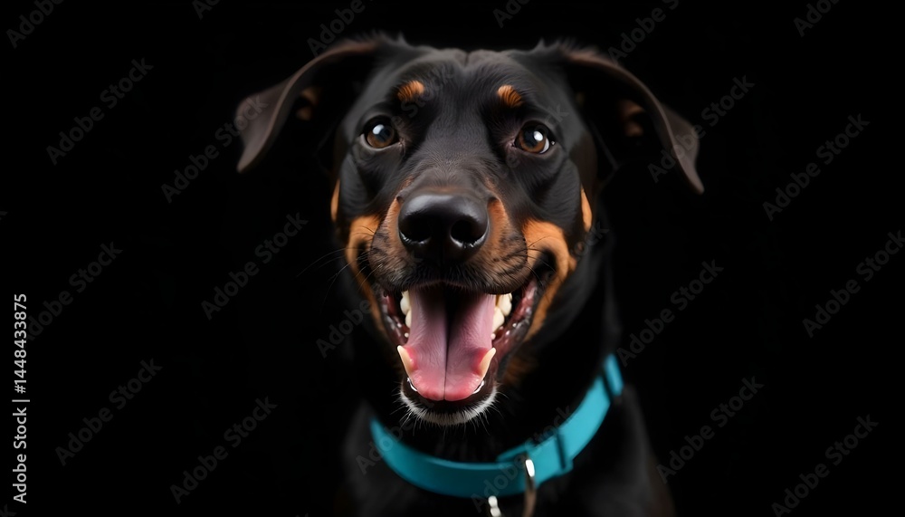 mongrel dark dog in blue collar with open mouth isolated on black mongrel dark dog in blue collar with open mouth isolated on black