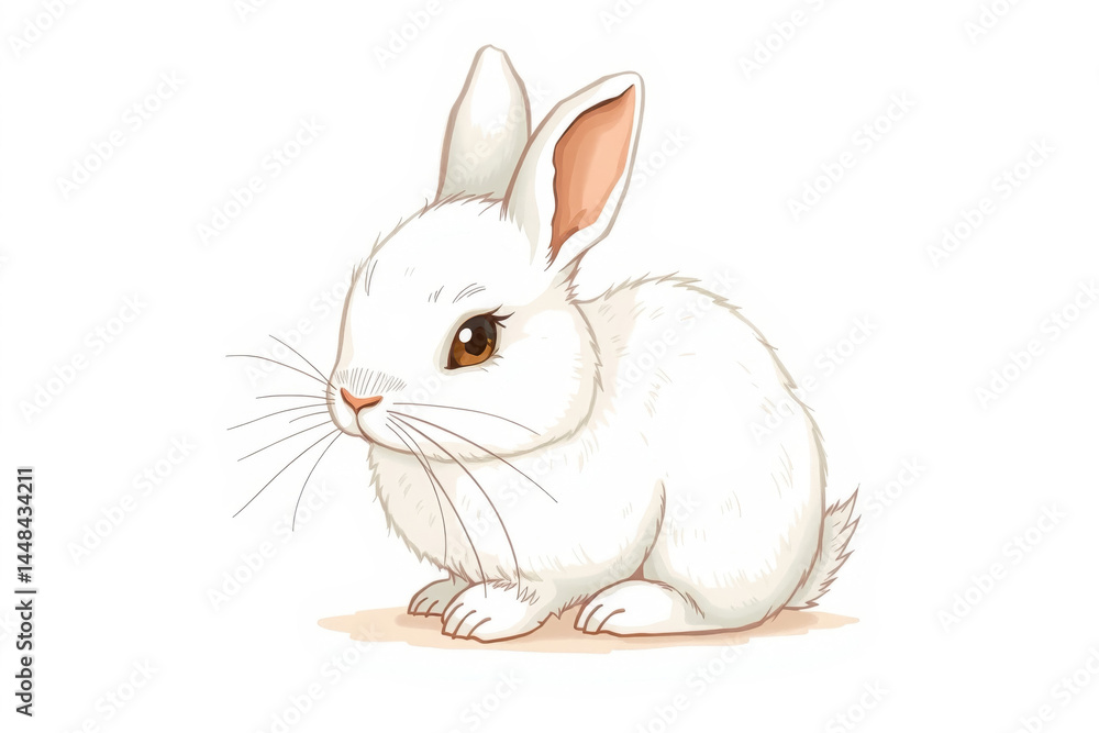 Fototapeta premium Sweet white rabbit with brown eyes and pink nose - a charming and adorable fluffy friend in a peaceful pose