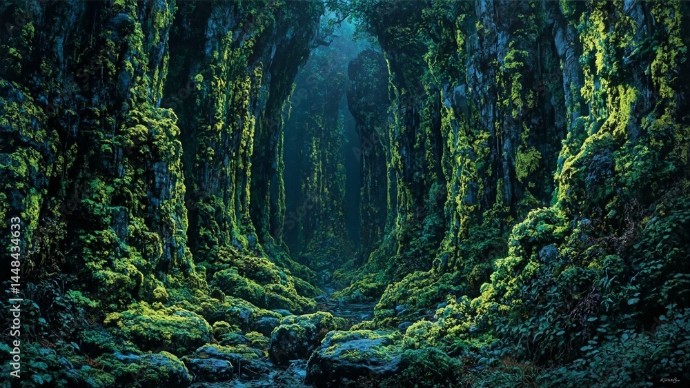 Bioluminescent silk texture on basalt columns; emerald, chartreuse, slate gray, cerulean hues in a rainforest. Bioluminescent silk texture on basalt columns; emerald, chartreuse, slate gray, cerulean hues in a rainforest.