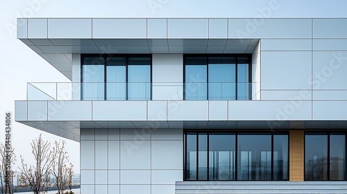 Modern building exterior  glass windows  balcony  winter sky  architectural design