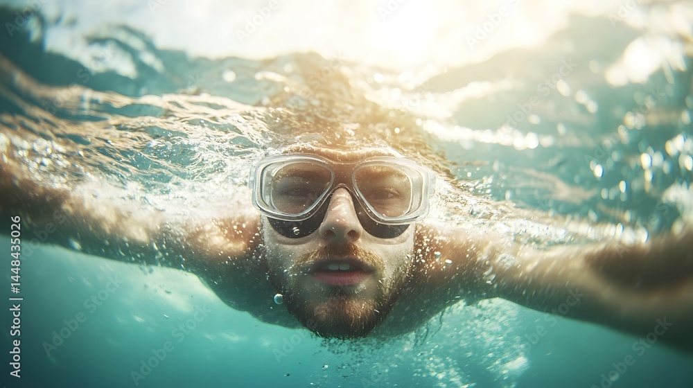 Fototapeta premium Man snorkeling underwater in clear ocean waters Generative AI