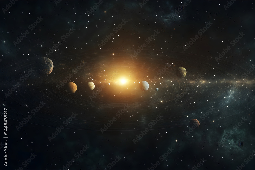 Fototapeta premium Planets orbiting a star in a cosmic space environment Generative AI