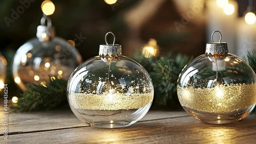 Sparkling christmas ornaments with golden glitter illuminate cozy holiday setting