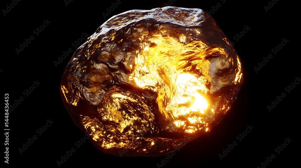 Extreme closeup of a large naturally formed gold nugget reflecting radiant light Extreme closeup of a large naturally formed gold nugget reflecting radiant light