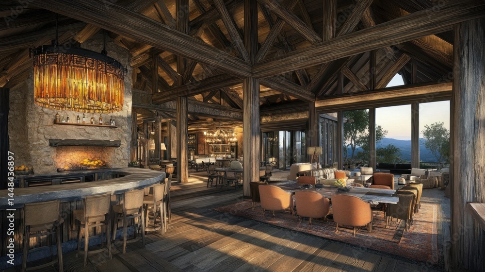 Fototapeta premium Spacious, rustic interior design of a modern log cabin.