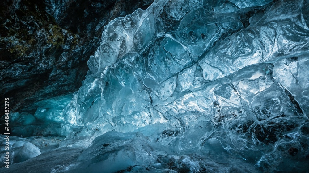 Fractured glacial ice cavern glows with blue, green, white hues; frost patterns resemble ancient glyphs. Fractured glacial ice cavern glows with blue, green, white hues; frost patterns resemble ancient glyphs.