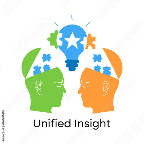 Vector icon for Unified Insight. Colorful icon with green and orange human heads facing each other with blue puzzle pieces and a lightbulb, symbolizing shared understanding.