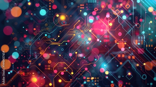 An abstract technology-inspired background featuring vibrant colors and intricate patterns, perfect for illustrating concepts of innovation and digital connectivity.