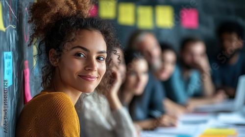 Smiling woman in a collaborative business setting