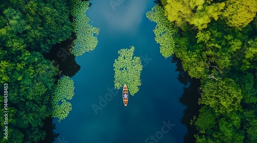 Serene waterway encircled by lush green forest.