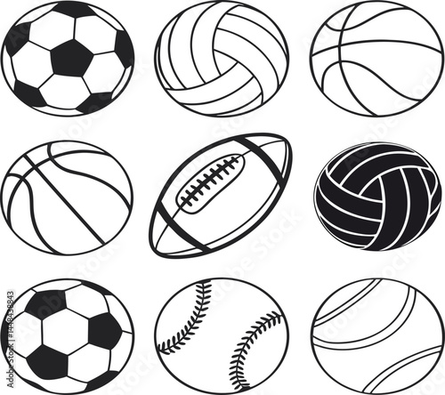 Sport balls set. ball equipment for football, basketball and volleyball. Isolated icons of ball for tennis and rugby, cricket and bowling. Vector in flat style. Collection silhouettes sports balls.