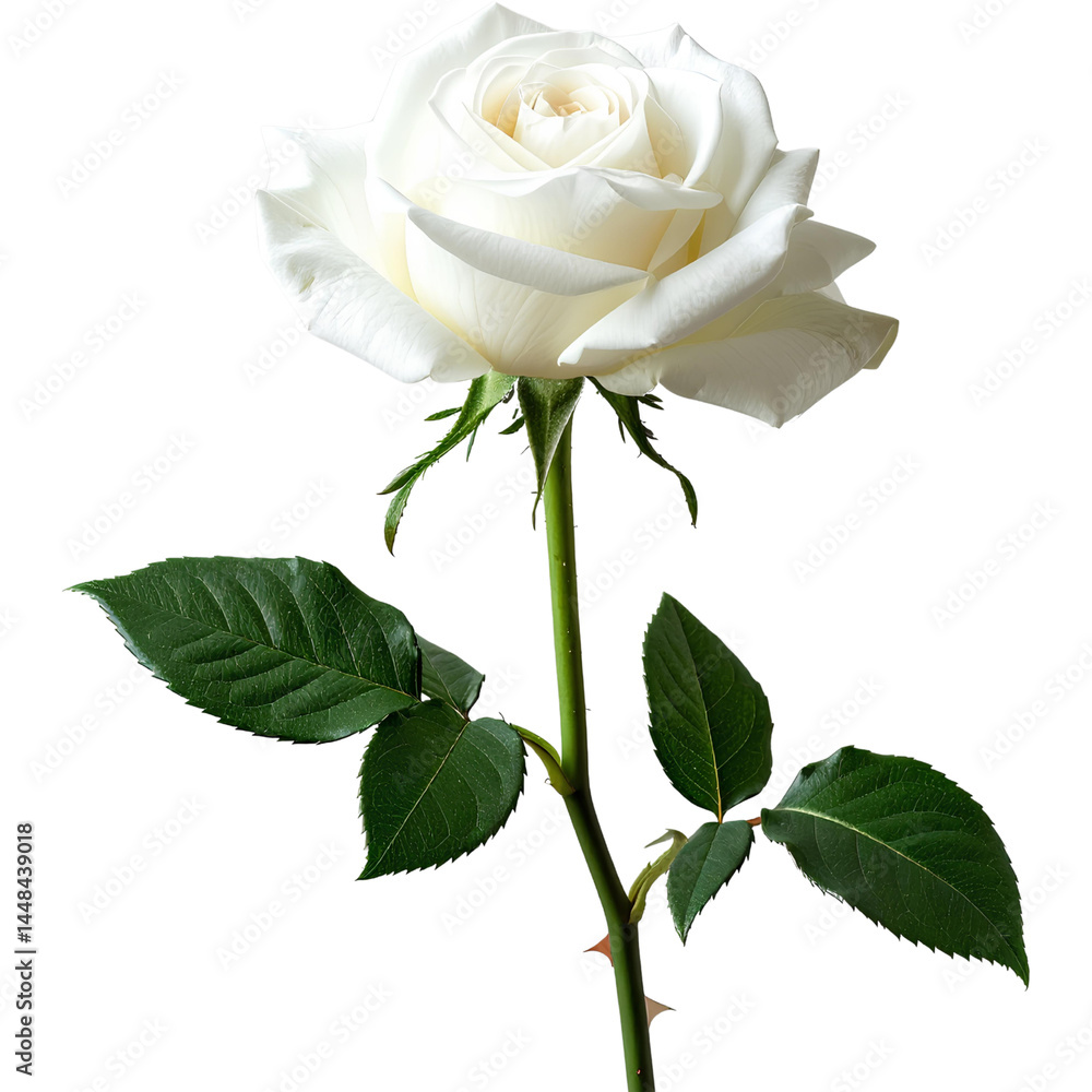 Obraz premium Elegant white rose in full bloom with green stem and leaves isolated on transparent background 