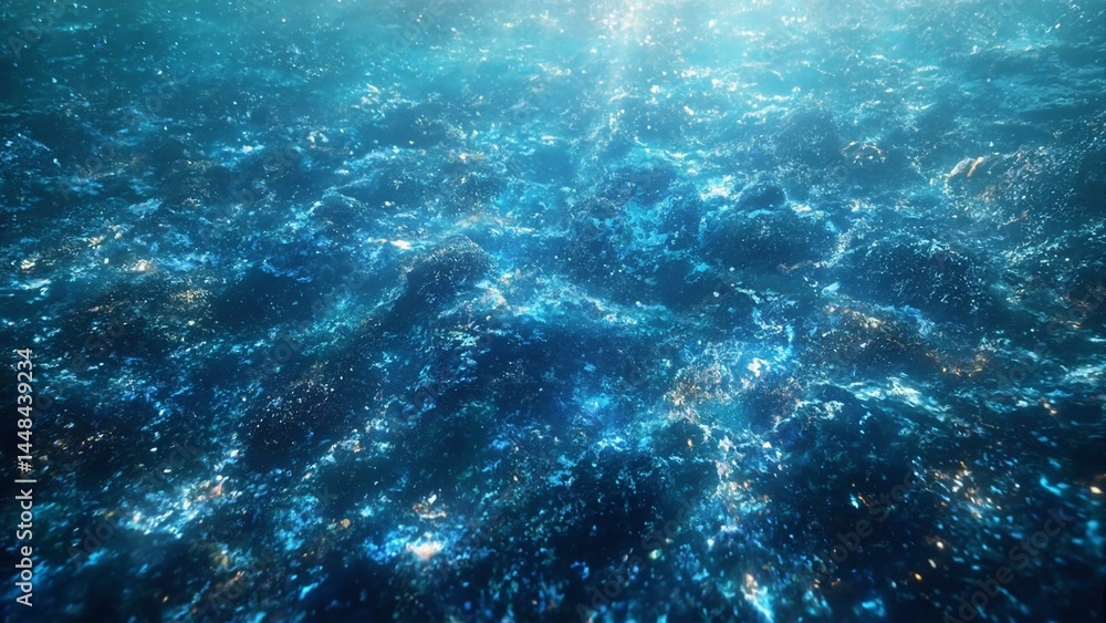 Fototapeta premium Iridescent waves, white fragments, coral, blue light, underwater scene, digital feel, teal colors.