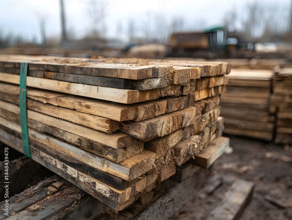 Stacked wooden boards at a sawmill Generative AI Stacked wooden boards at a sawmill Generative AI