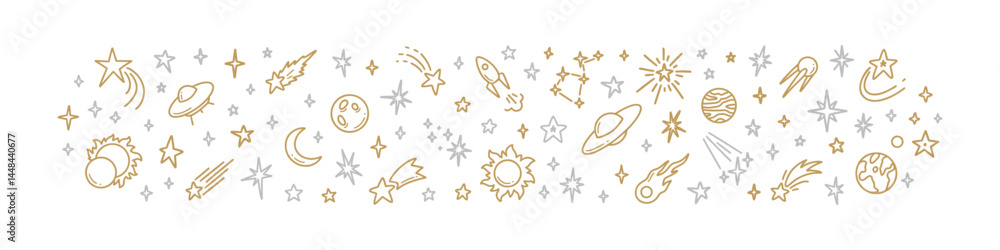 Golden and silver doodle space border. Hand drawn planets, stars, ufo, spacecraft, constellation. Kid cute line background. Solar system scientific astronomy vector illustration. Cosmic galaxy divider Golden and silver doodle space border. Hand drawn planets, stars, ufo, spacecraft, constellation. Kid cute line background. Solar system scientific astronomy vector illustration. Cosmic galaxy divider