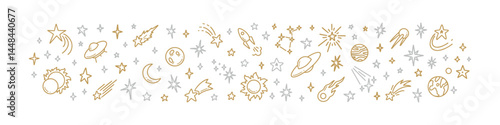 Golden and silver doodle space border. Hand drawn planets, stars, ufo, spacecraft, constellation. Kid cute line background. Solar system scientific astronomy vector illustration. Cosmic galaxy divider