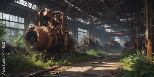 Overgrown, dilapidated factory interior; rusted machinery  , wreck, shadowy,  aged