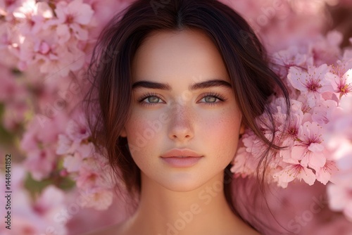 Spring mood, golden hour in sunset. Lovely caucasian young woman surrounded by cherry blossoms. Commercial concept creative design art. Woman in a lively flower garden.