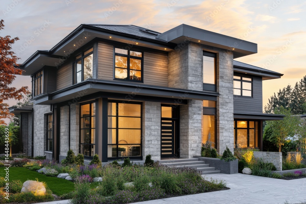 Modern architectural design of a luxurious two-story house in a serene suburban neighborhood during sunset showcasing elegant landscaping and large glass windows Modern architectural design of a luxurious two-story house in a serene suburban neighborhood during sunset showcasing elegant landscaping and large glass windows