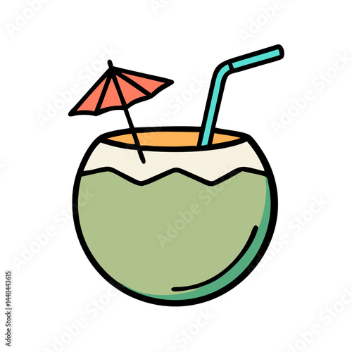 Coconut Drink with Straw Icon Representing Beach Beverage and Tropical Refreshment