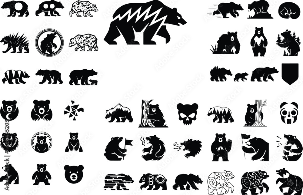 Naklejka premium Various Bear Silhouette Set | Wild Animal Vector Icons Bear Silhouettes Collection | Grizzly, Polar & Cub Outlines