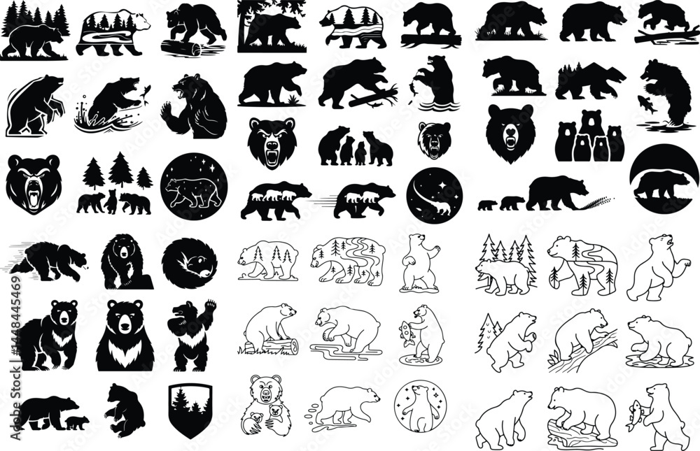 Obraz premium Various Bear Silhouette Set | Wild Animal Vector Icons Bear Silhouettes Collection | Grizzly, Polar & Cub Outlines