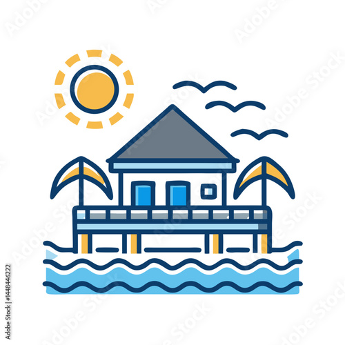 Overwater Bungalow Icon Representing Tropical Resort and Luxury Island Stay