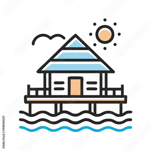 Overwater Bungalow Icon Representing Tropical Resort and Luxury Island Stay
