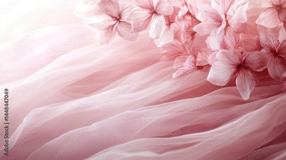 Delicate pink flowers on soft fabric, creating serene atmosphere Delicate pink flowers on soft fabric, creating serene atmosphere