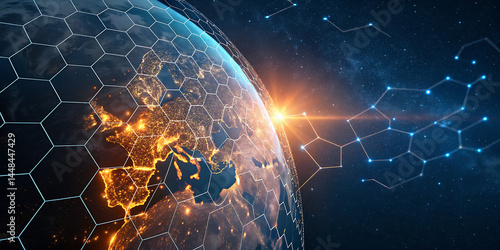 An illustration of Earth from space emphasizing the global network of communication, travel, and connections. 3D rendering.