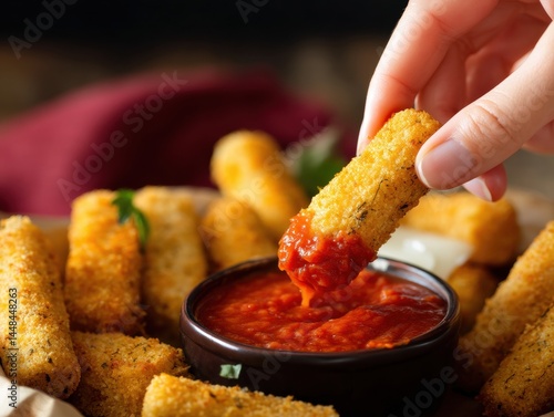 A hand dipping a fried mozzarella stick into a bowl of marinara sauce