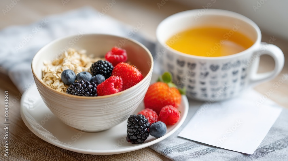 A bowl of oatmeal with fresh berries and a cup of tea on a saucer, set on a light wooden table. A bowl of oatmeal with fresh berries and a cup of tea on a saucer, set on a light wooden table.